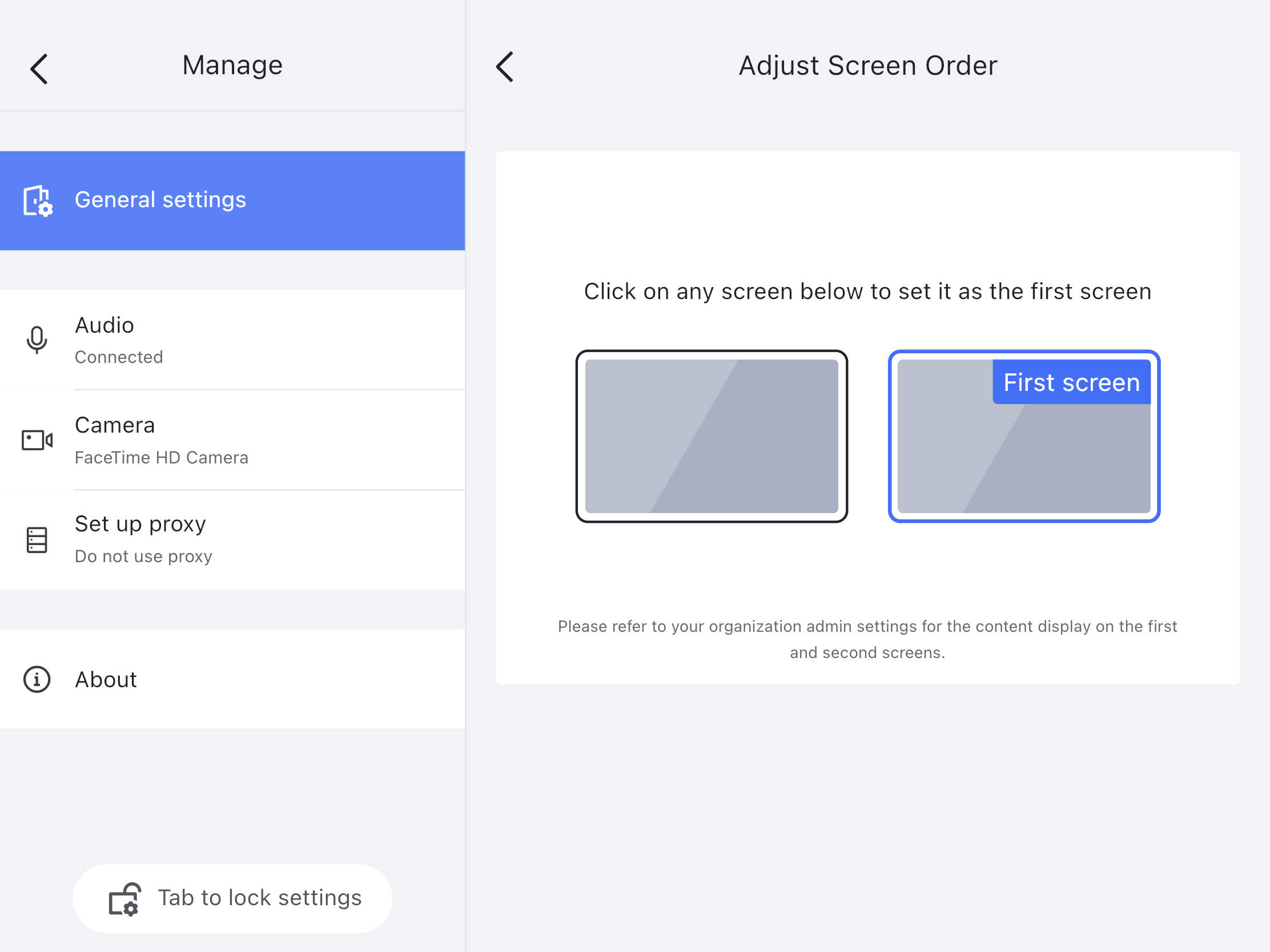 Admin | Set meeting room screen default views and order