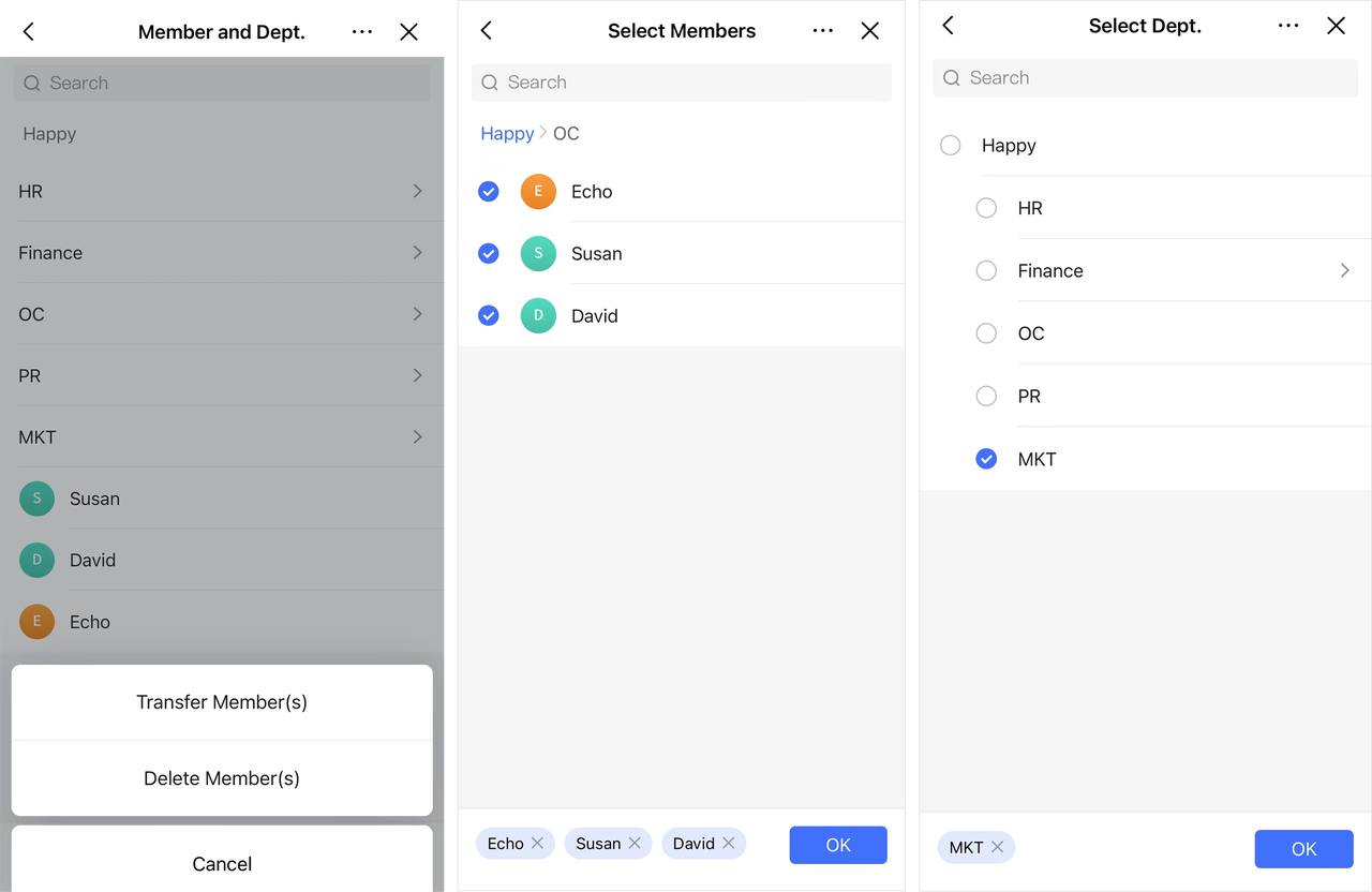 Admin | Manage members and departments (Mobile app)