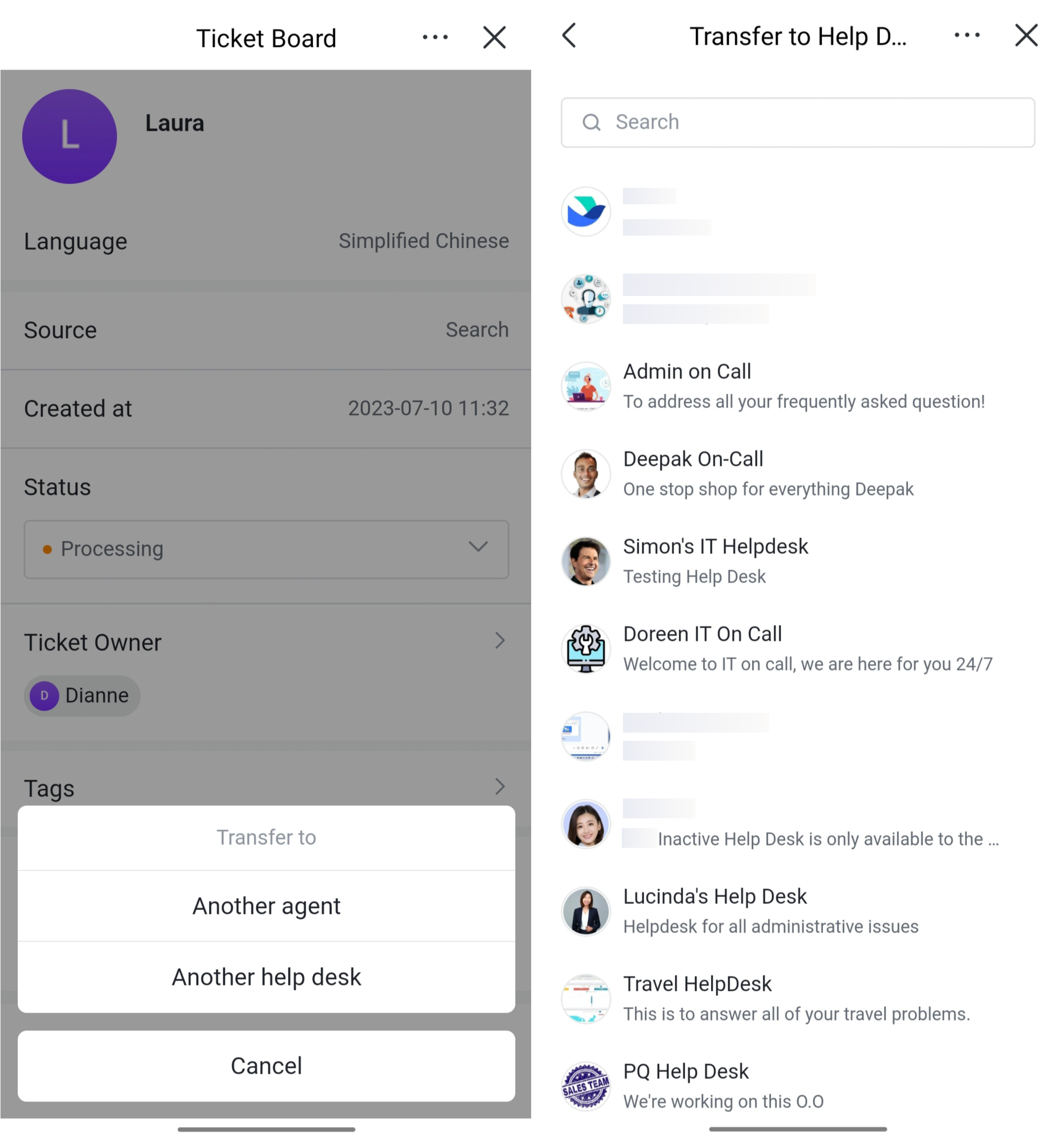 Transfer a ticket to another help desk