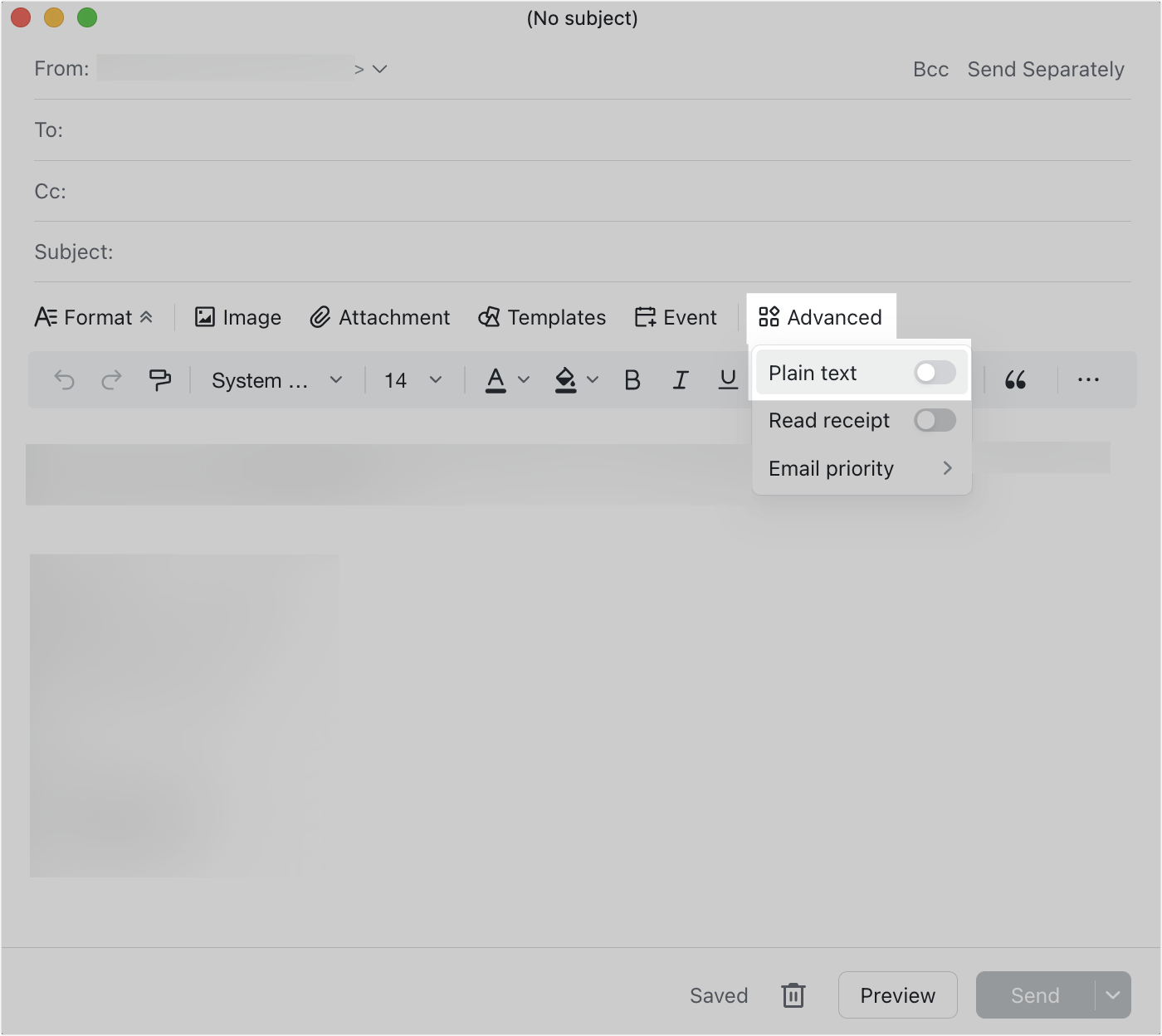 Compose an email in plain text mode