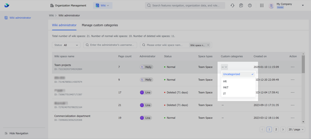 Admin | Set wiki space categories
